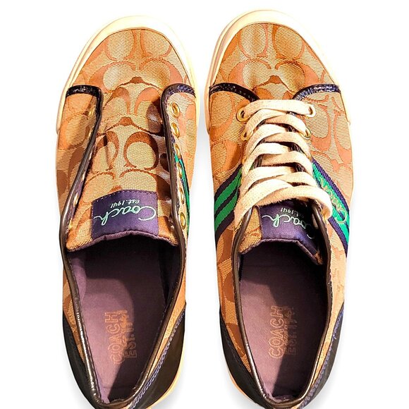 Coach Folly Signature C Sneakers Brown/Green Stripe & Blue Purple Heel Womenโs 8 - Picture 11 of 16